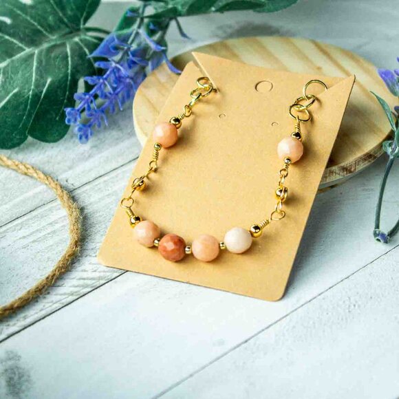 Peach Aventurine Bead Bracelet with Handmade Gold Chain Links - Picture 15 of 15